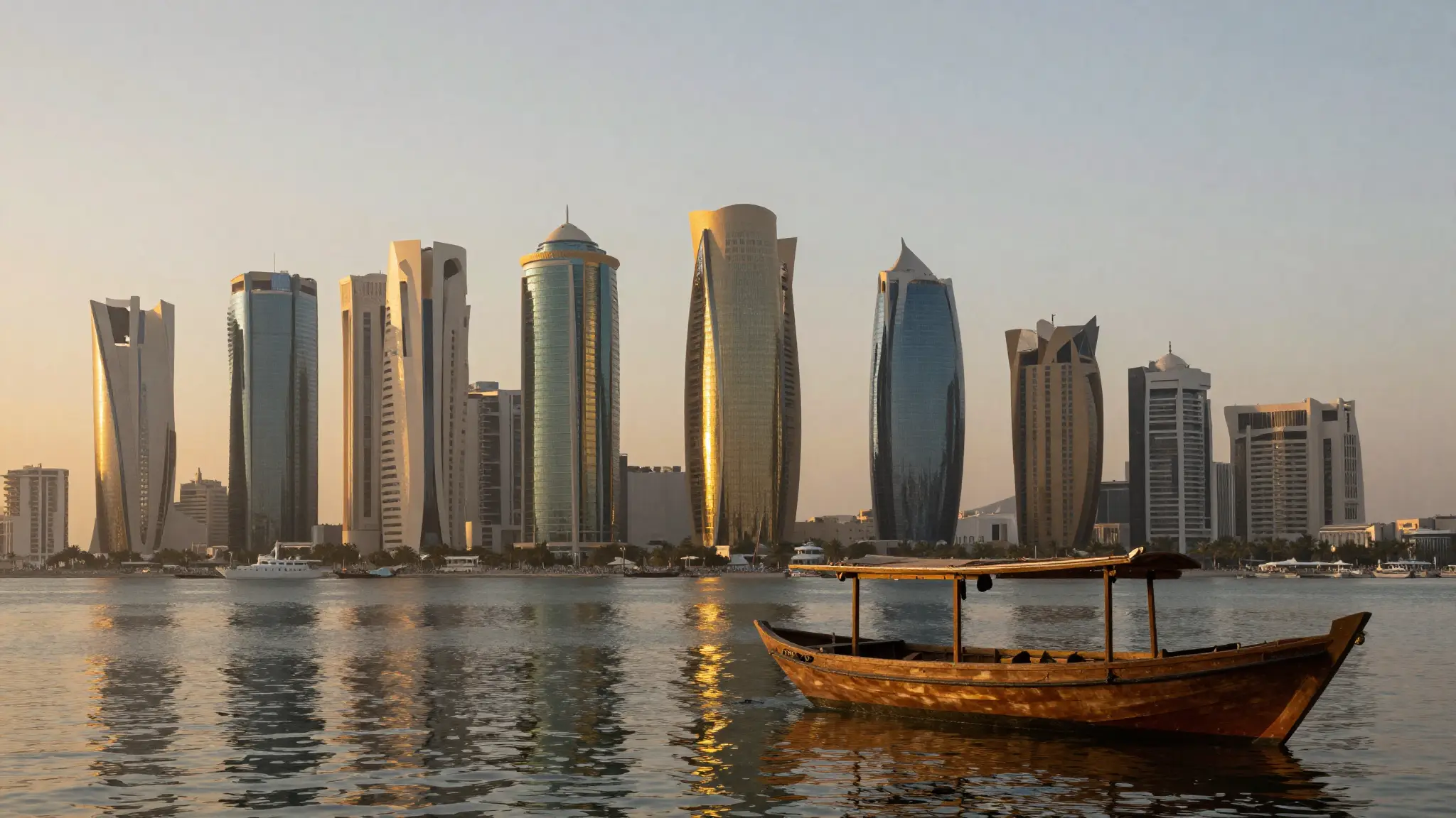 أفق مدينة الدوحة عاصمة قطر عند الغروب مع الأبراج الحديثة ومركب شراعي تقليدي على مياه الخليج العربي